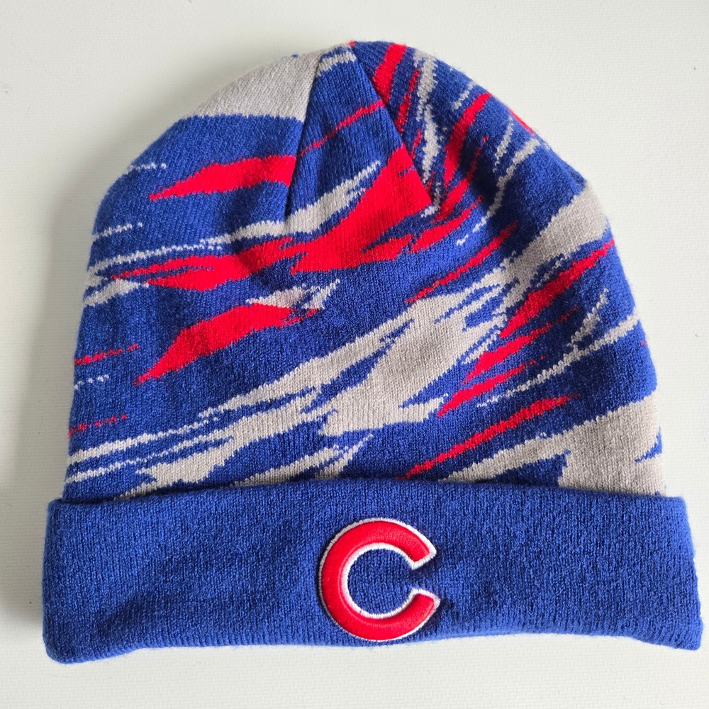 New Era Chicago Cubs Knit Beanie Hat Red Blue Gray C Logo Tiger Stripes